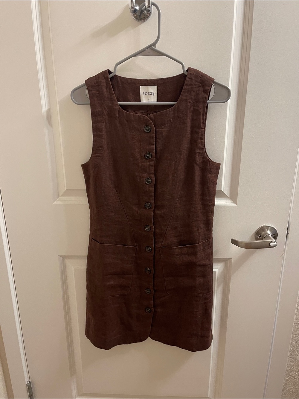 Posse Chocolate Brown Button-Front Linen Shift Dress